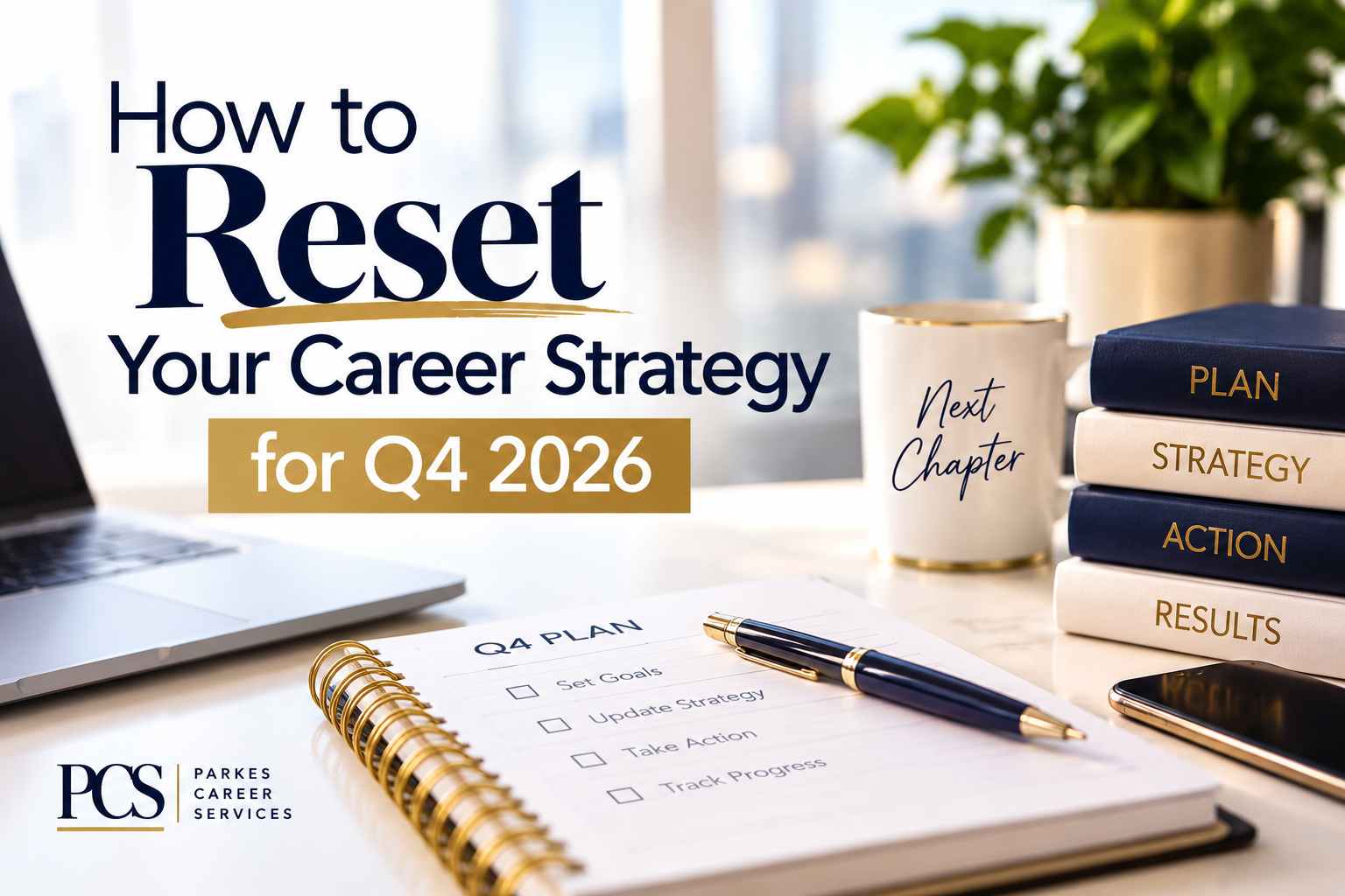Featured graphic for How to Reset Your Career Strategy for Q4 2026 by Parkes Career Services, showing a desk with a Q4 plan notebook, pen, coffee mug and stacked books labeled Plan, Strategy, Action, Results.
